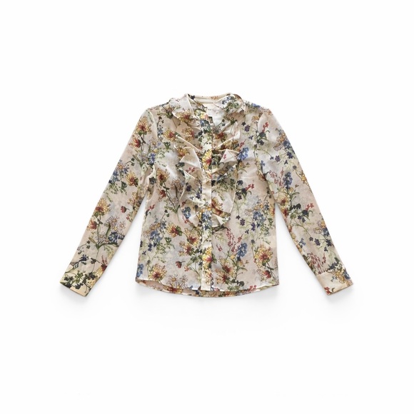 H&M Tops - H&M Floral Ruffle Front Blouse Sheer Long Sleeve Size 8